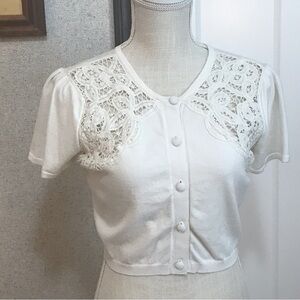 John Paul Richard Vintage White Lace Button-Up Crop Sweater Size S